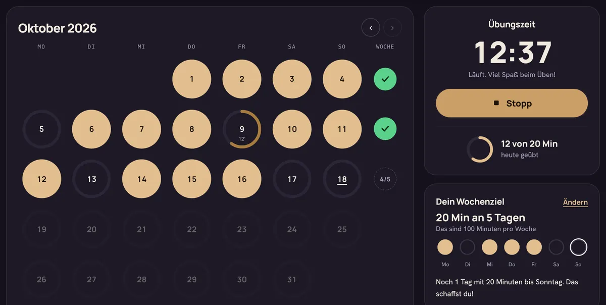 Übekalender mit gefüllten Tageskreisen und laufendem Timer