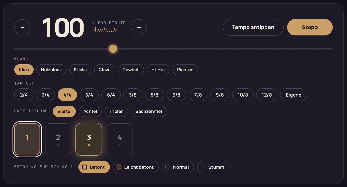 Metronom mit Tempo 100 und Taktart 4/4