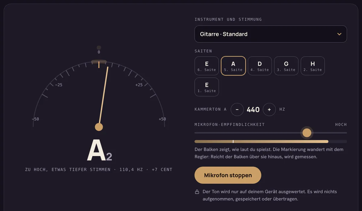 Stimmgerät zeigt den Ton A2